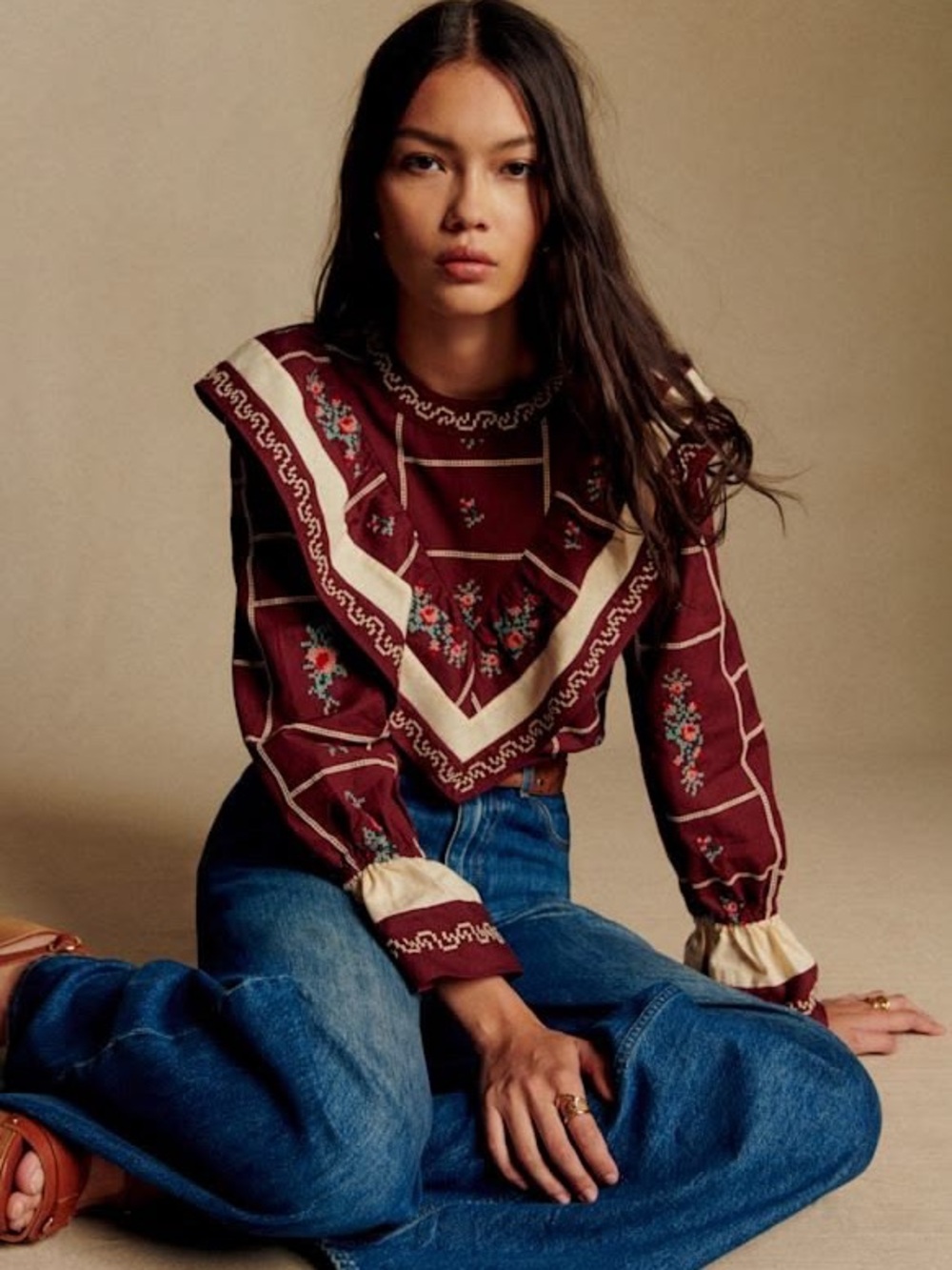 Sezane Francy Shirt Burgundy Floral Ruffle Yoke Blouse Embroidered Size 8